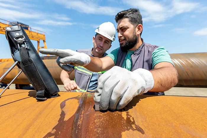 Técnicos de Trymak inspeccionando una tubería metálica